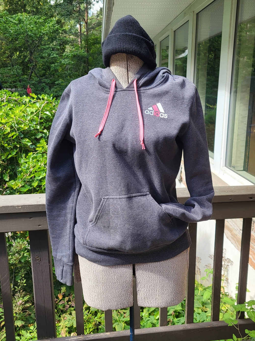 Adidas Women's M Heather Grey With Coral Drawstring Pullover Hoodie